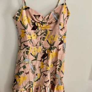 Baylor Dress from Reformation, a spaghetti strap mini dress with a smocked back